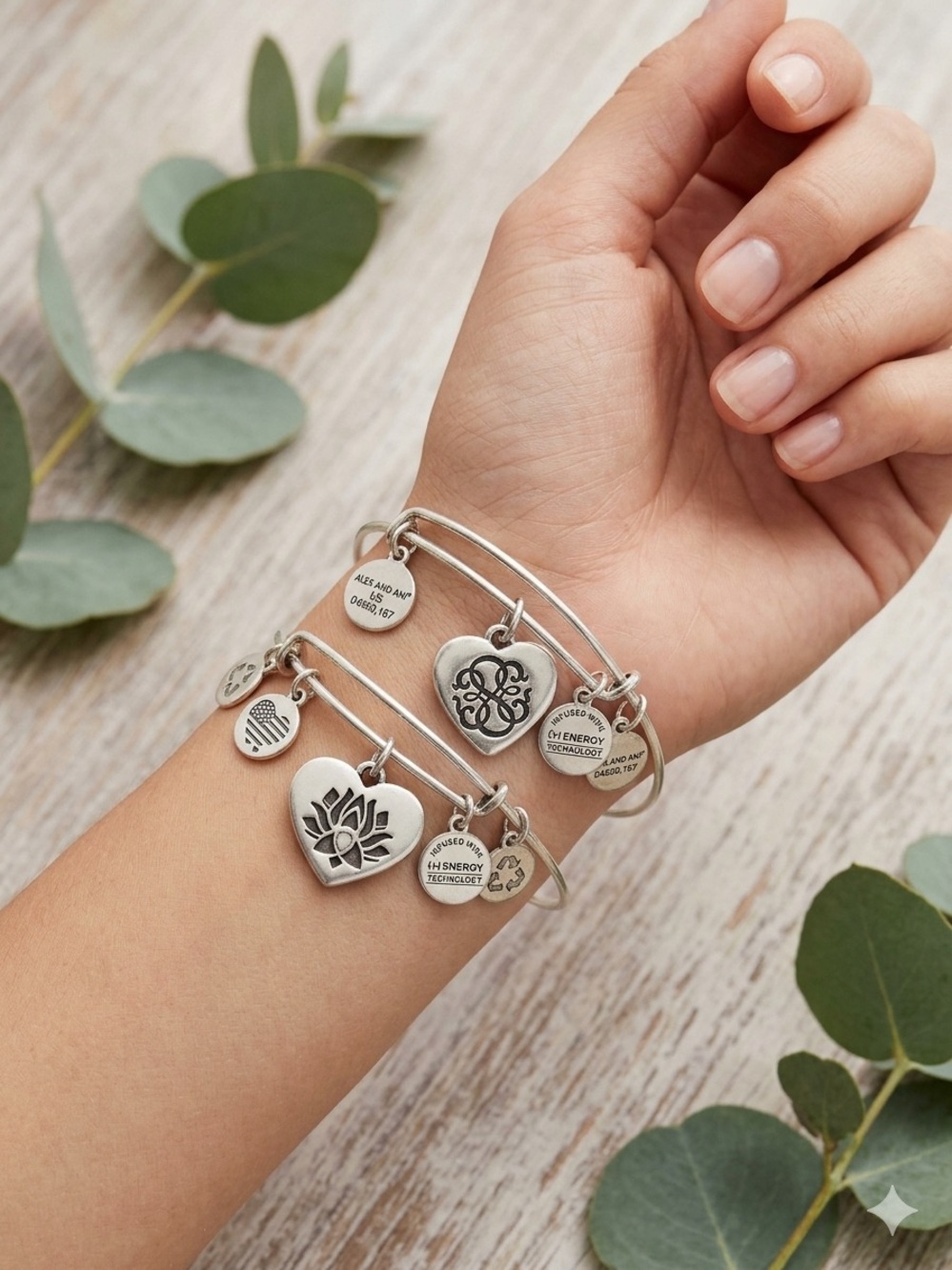 Alex and Ani Silver Bangle Lot (2) Lotus Peace Petals & Path of Life Heart